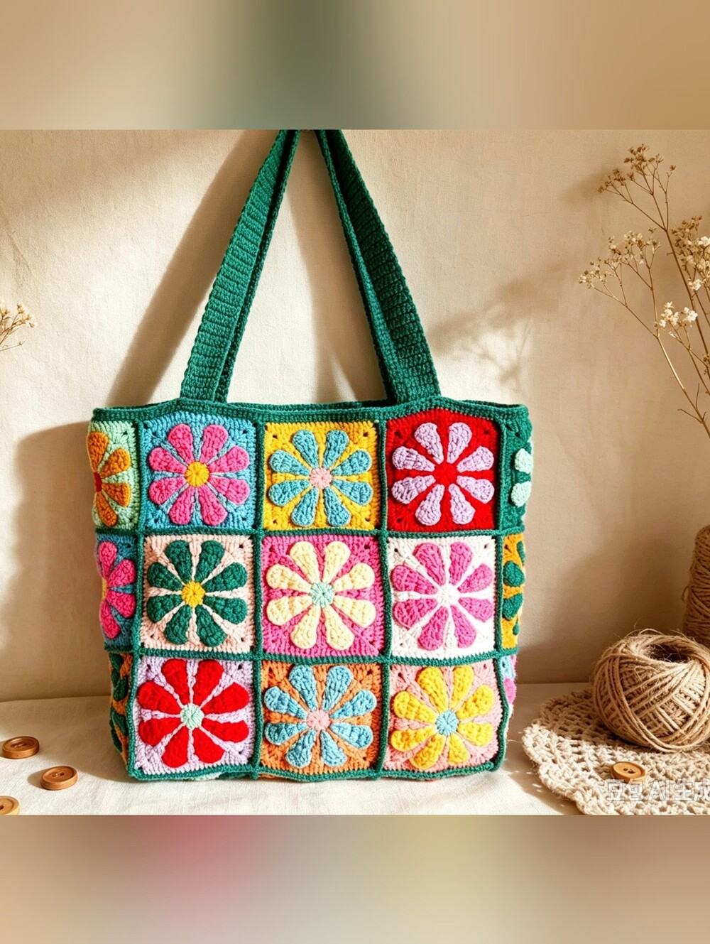 Hand Crochet Granny Square Tote Bag, Vibrant Christmas Color Floral Shoulder Bag
